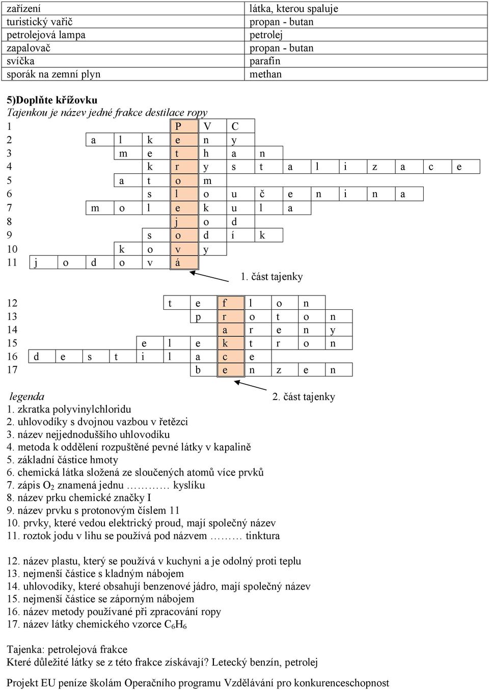 část tajenky 12 t e f l o n 13 p r o t o n 14 a r e n y 15 e l e k t r o n 16 d e s t i l a c e 17 b e n z e n legenda 2. část tajenky 1. zkratka polyvinylchloridu 2.