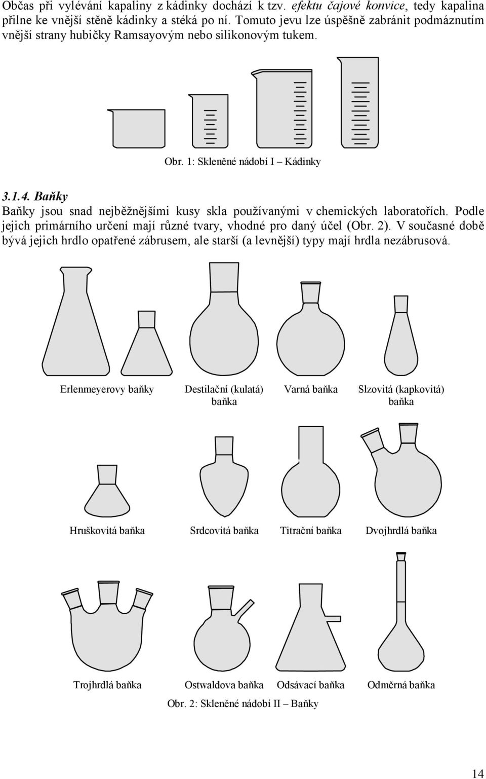 Baňky Baňky jsou snad nejběžnějšími kusy skla používanými v chemických laboratořích. Podle jejich primárního určení mají různé tvary, vhodné pro daný účel (Obr. 2).