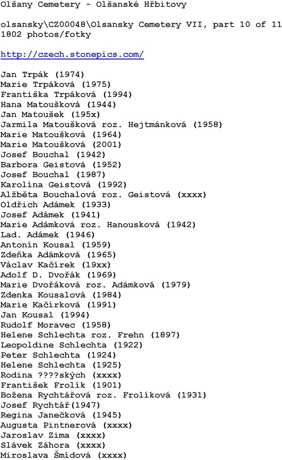 Hejtmánková (1958) Marie Matoušková (1964) Marie Matoušková (2001) Josef Bouchal (1942) Barbora Geistová (1952) Josef Bouchal (1987) Karolína Geistová (1992) Alžběta Bouchalová roz.