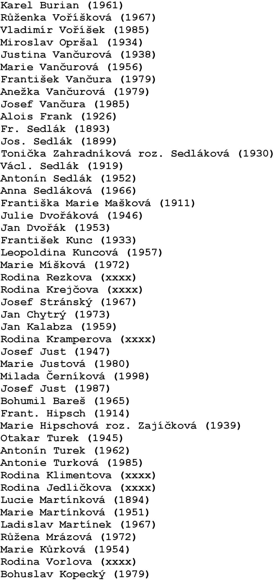 Sedlák (1919) Antonín Sedlák (1952) Anna Sedláková (1966) Františka Marie Mašková (1911) Julie Dvořáková (1946) Jan Dvořák (1953) František Kunc (1933) Leopoldina Kuncová (1957) Marie Míšková (1972)