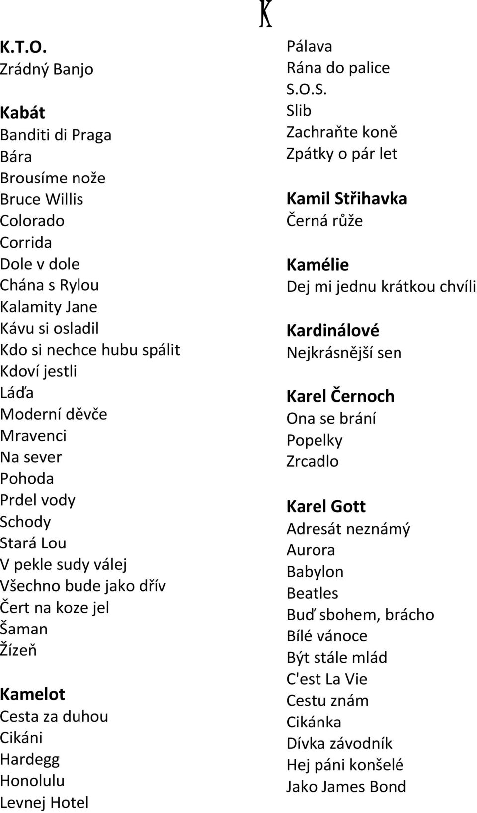 Moderní děvče Mravenci Na sever Pohoda Prdel vody Schody Stará Lou V pekle sudy válej Všechno bude jako dřív Čert na koze jel Šaman Žízeň Kamelot Cesta za duhou Cikáni Hardegg Honolulu Levnej