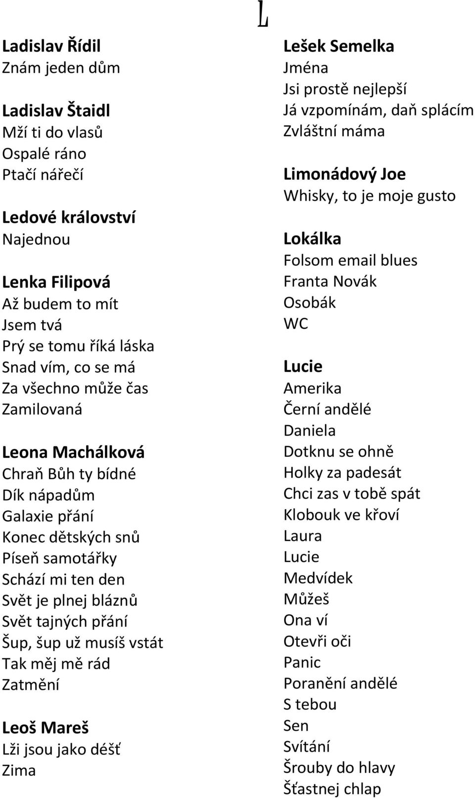 musíš vstát Tak měj mě rád Zatmění Leoš Mareš Lži jsou jako déšť Zima L Lešek Semelka Jména Jsi prostě nejlepší Já vzpomínám, daň splácím Zvláštní máma Limonádový Joe Whisky, to je moje gusto Lokálka