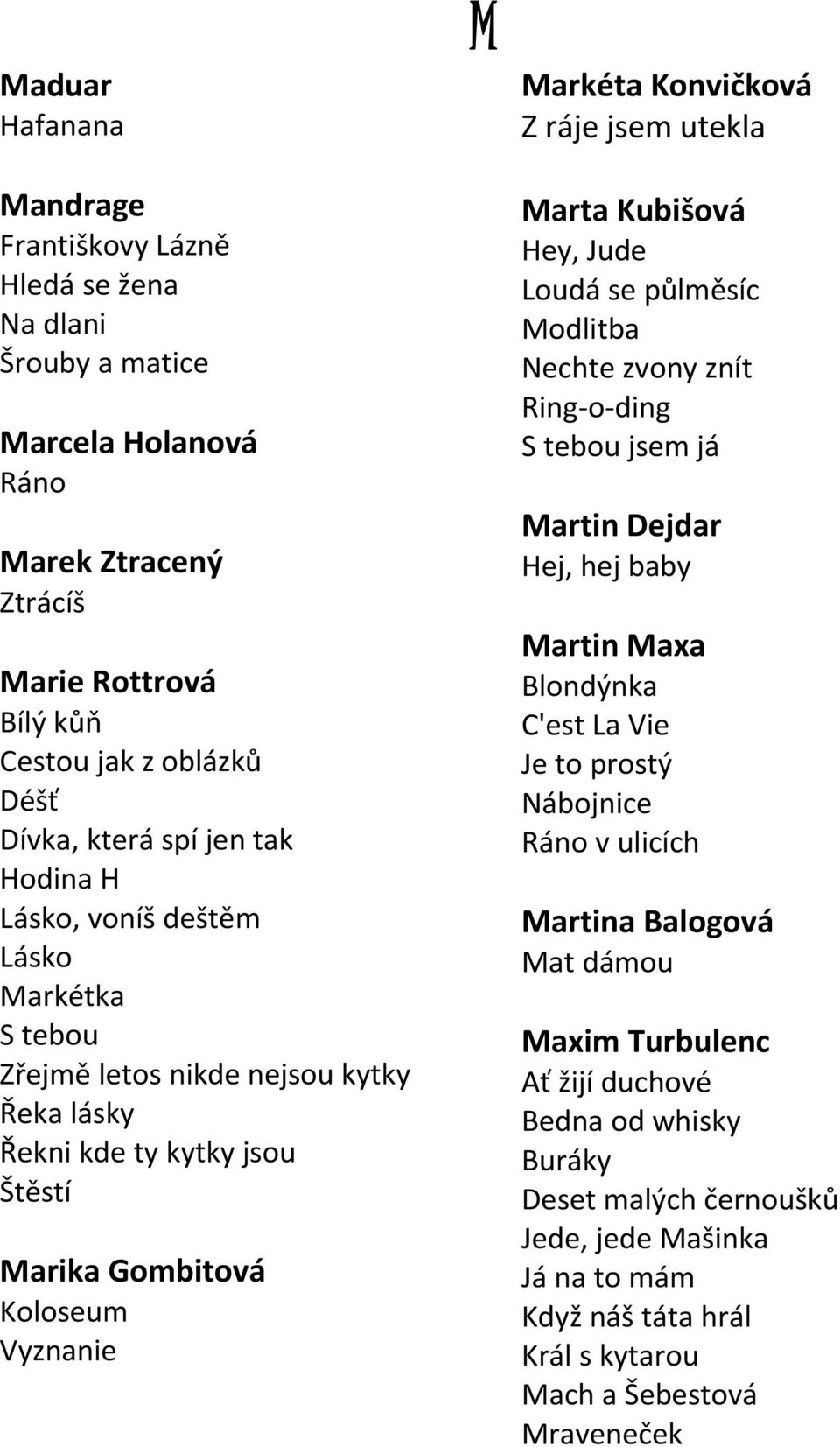 utekla Marta Kubišová Hey, Jude Loudá se půlměsíc Modlitba Nechte zvony znít Ring o ding S tebou jsem já Martin Dejdar Hej, hej baby Martin Maxa Blondýnka C'est La Vie Je to prostý Nábojnice Ráno v