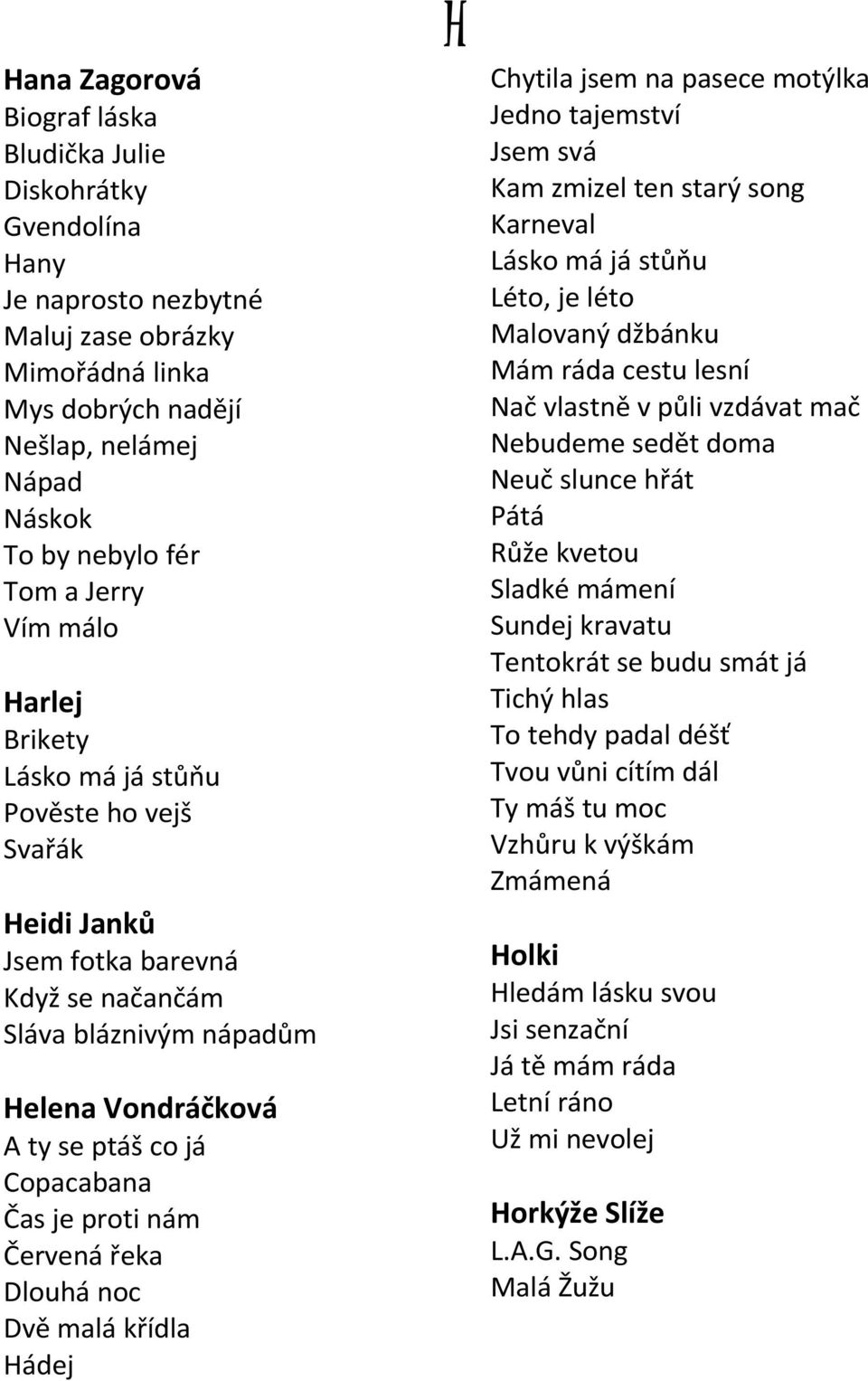 proti nám Červená řeka Dlouhá noc Dvě malá křídla Hádej H Chytila jsem na pasece motýlka Jedno tajemství Jsem svá Kam zmizel ten starý song Karneval Lásko má já stůňu Léto, je léto Malovaný džbánku