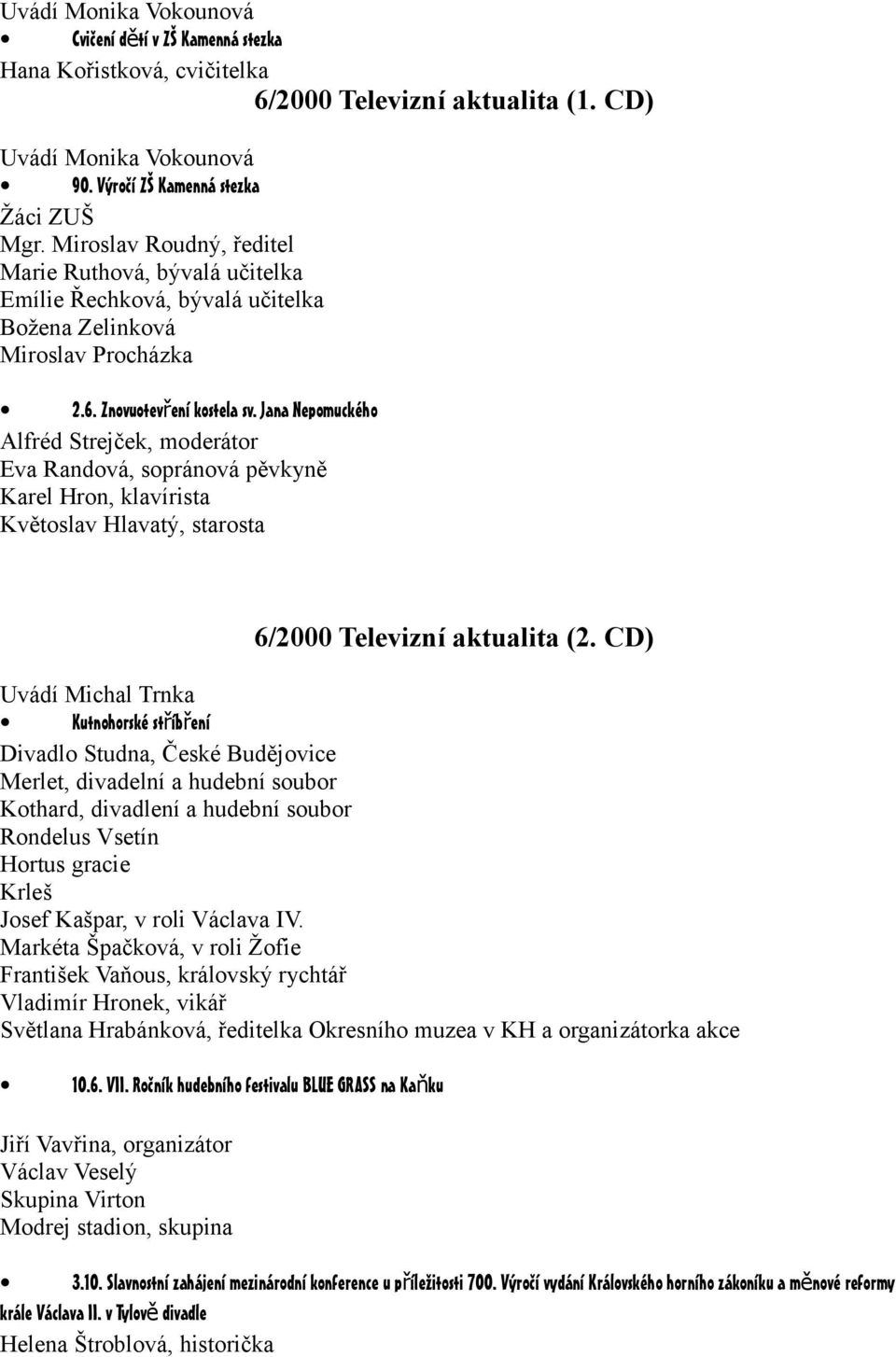 Jana Nepomuckého Alfréd Strejček, moderátor Eva Randová, sopránová pěvkyně Karel Hron, klavírista Květoslav Hlavatý, starosta 6/2000 Televizní aktualita (2.