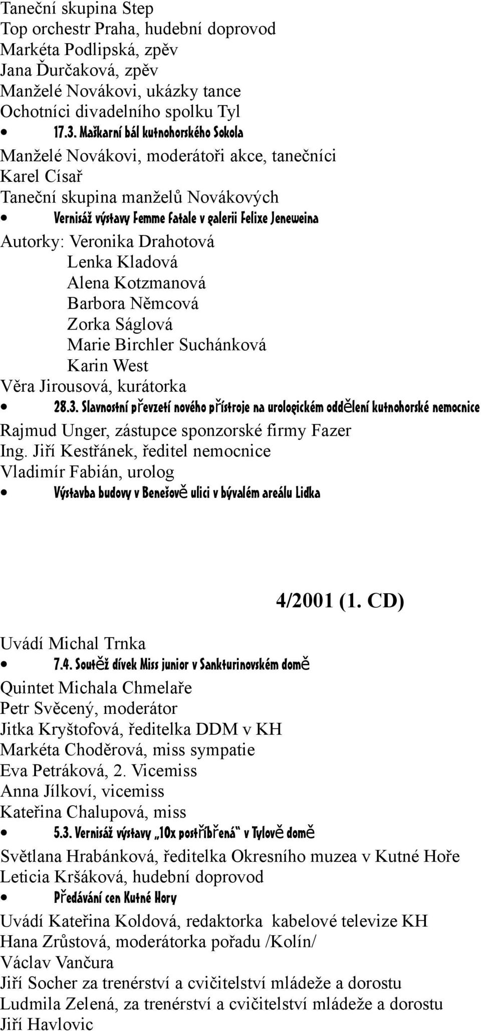 Veronika Drahotová Lenka Kladová Alena Kotzmanová Barbora Němcová Zorka Ságlová Marie Birchler Suchánková Karin West Věra Jirousová, kurátorka 28.3.