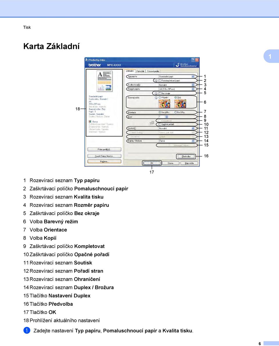 Zaškrtávací políčko Opačné pořadí 11 Rozevírací seznam Soutisk 12 Rozevírací seznam Pořadí stran 13 Rozevírací seznam Ohraničení 14 Rozevírací seznam Duplex / Brožura