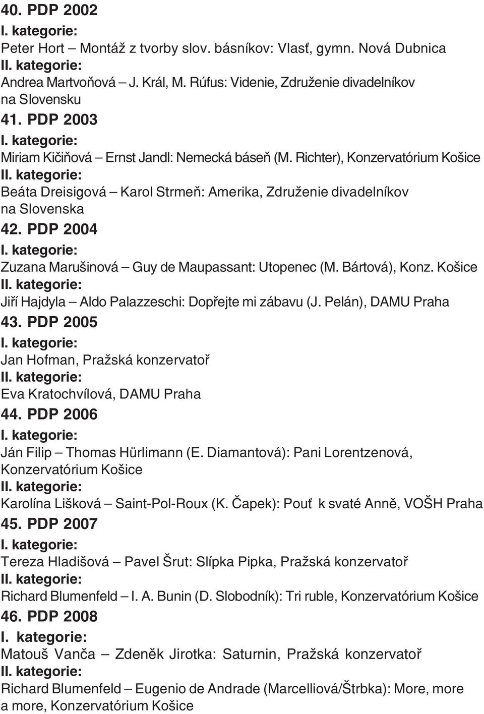 PDP 2004 Zuzana Marušinová Guy de Maupassant: Utopenec (M. Bártová), Konz. Košice I Jiří Hajdyla Aldo Palazzeschi: Dopřejte mi zábavu (J. Pelán), DAMU Praha 43.