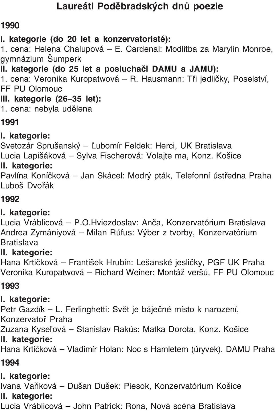 cena: nebyla udělena 1991 Svetozár Sprušanský Ľubomír Feldek: Herci, UK Bratislava Lucia Lapišáková Sylva Fischerová: Volajte ma, Konz.