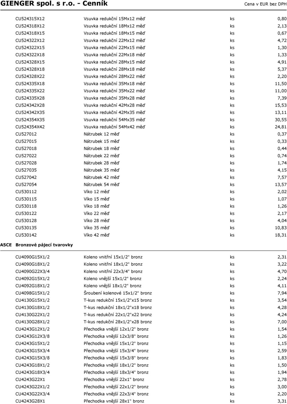 redukční 28Mx22 měď ks 2,20 CU524335X18 Vsuvka redukční 35Mx18 měď ks 11,50 CU524335X22 Vsuvka redukční 35Mx22 měď ks 11,00 CU524335X28 Vsuvka redukční 35Mx28 měď ks 7,39 CU524342X28 Vsuvka redukční