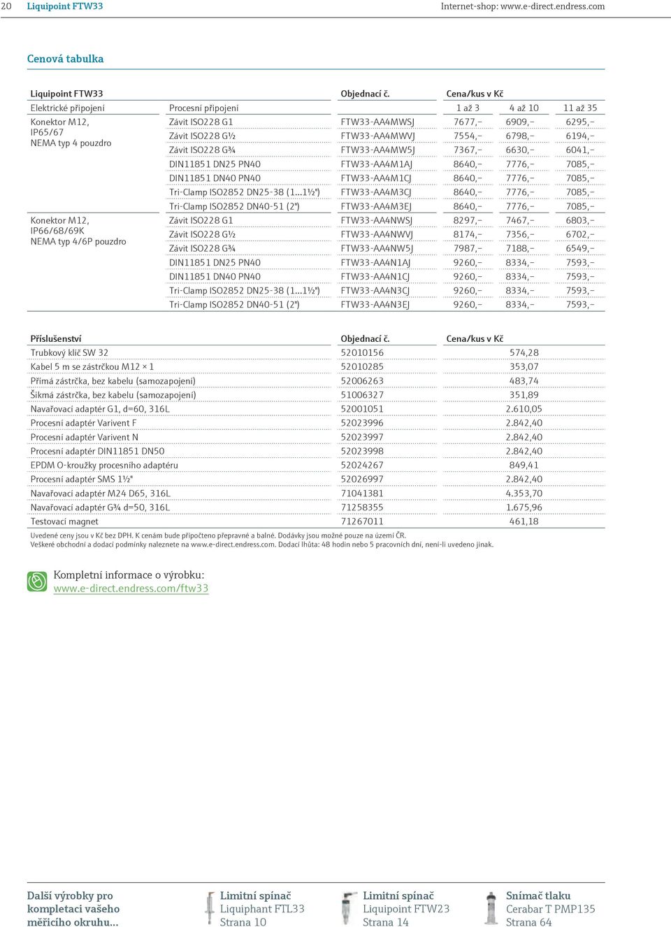 NEMA typ 4 pouzdro Závit ISO228 G¾ FTW33-AA4MW5J 7367, 6630, 6041, DIN11851 DN25 PN40 FTW33-AA4M1AJ 8640, 7776, 7085, DIN11851 DN40 PN40 FTW33-AA4M1CJ 8640, 7776, 7085, Tri-Clamp ISO2852 DN25-38 (1