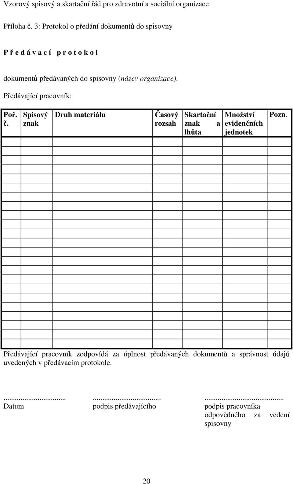organizace). Předávající pracovník: Poř. č.