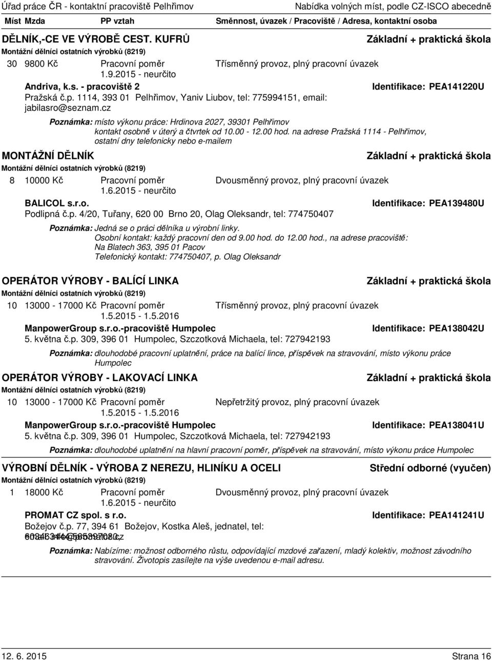 na adrese Pražská 1114 - Pelhřimov, ostatní dny telefonicky nebo e-mailem MONTÁŽNÍ DĚLNÍK Montážní dělníci ostatních výrobků (8219) 8 10000 Kč Pracovní poměr BALICOL s.r.o. Identifikace: PEA139480U Podlipná č.