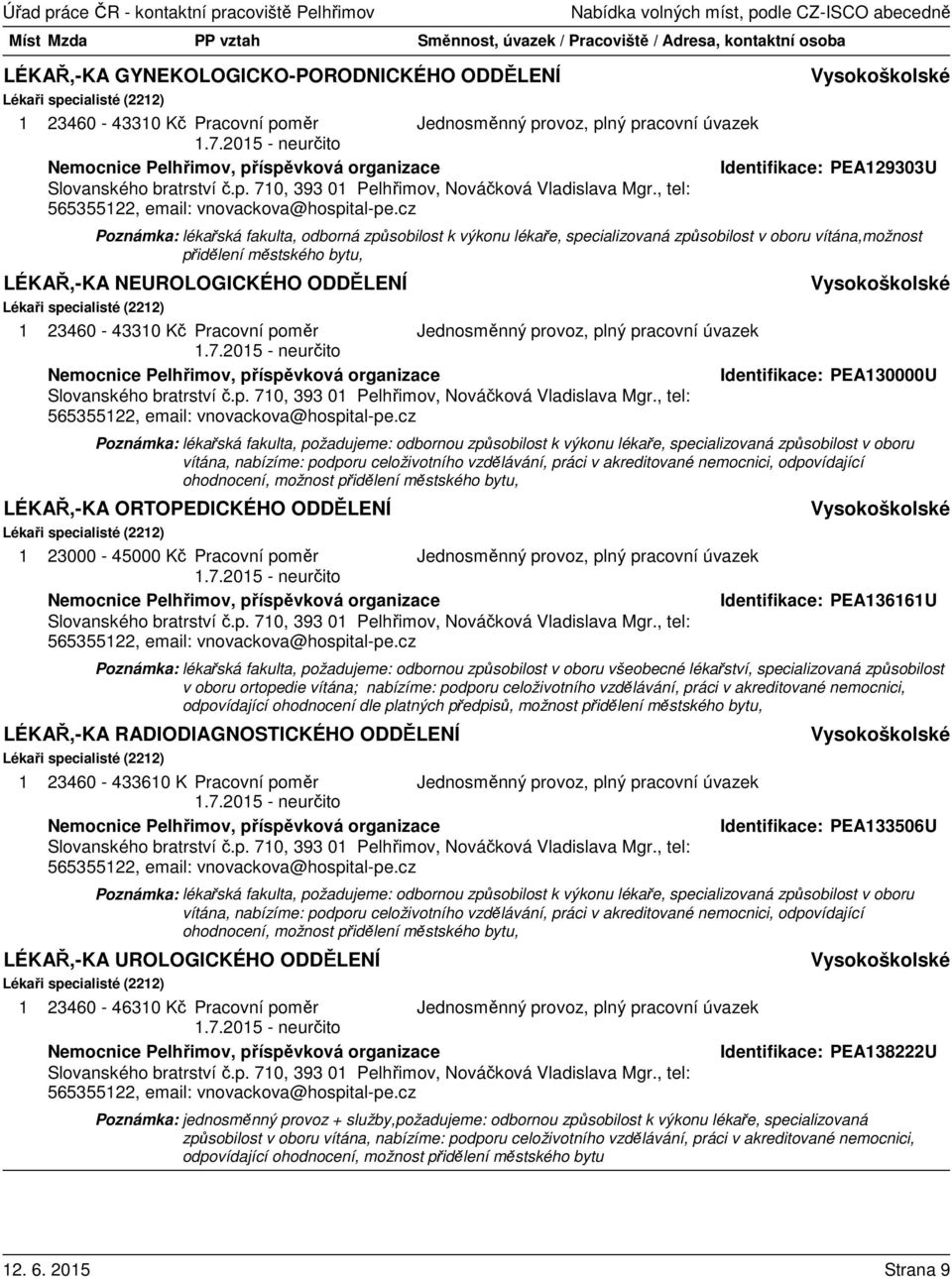 , tel: 565355122, email: vnovackova@hospital-pe.