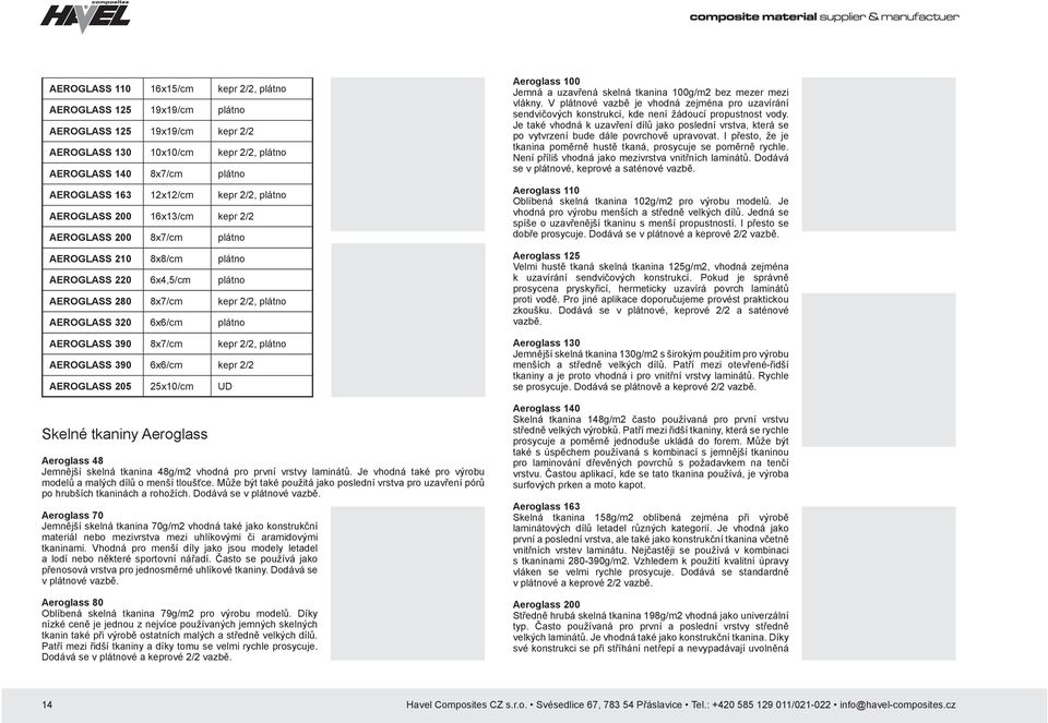AEROGLASS 390 8x7/cm kepr 2/2, plátno AEROGLASS 390 6x6/cm kepr 2/2 AEROGLASS 205 25x10/cm UD Skelné tkaniny Aeroglass Aeroglass 48 Jemnější skelná tkanina 48g/m2 vhodná pro první vrstvy laminátů.