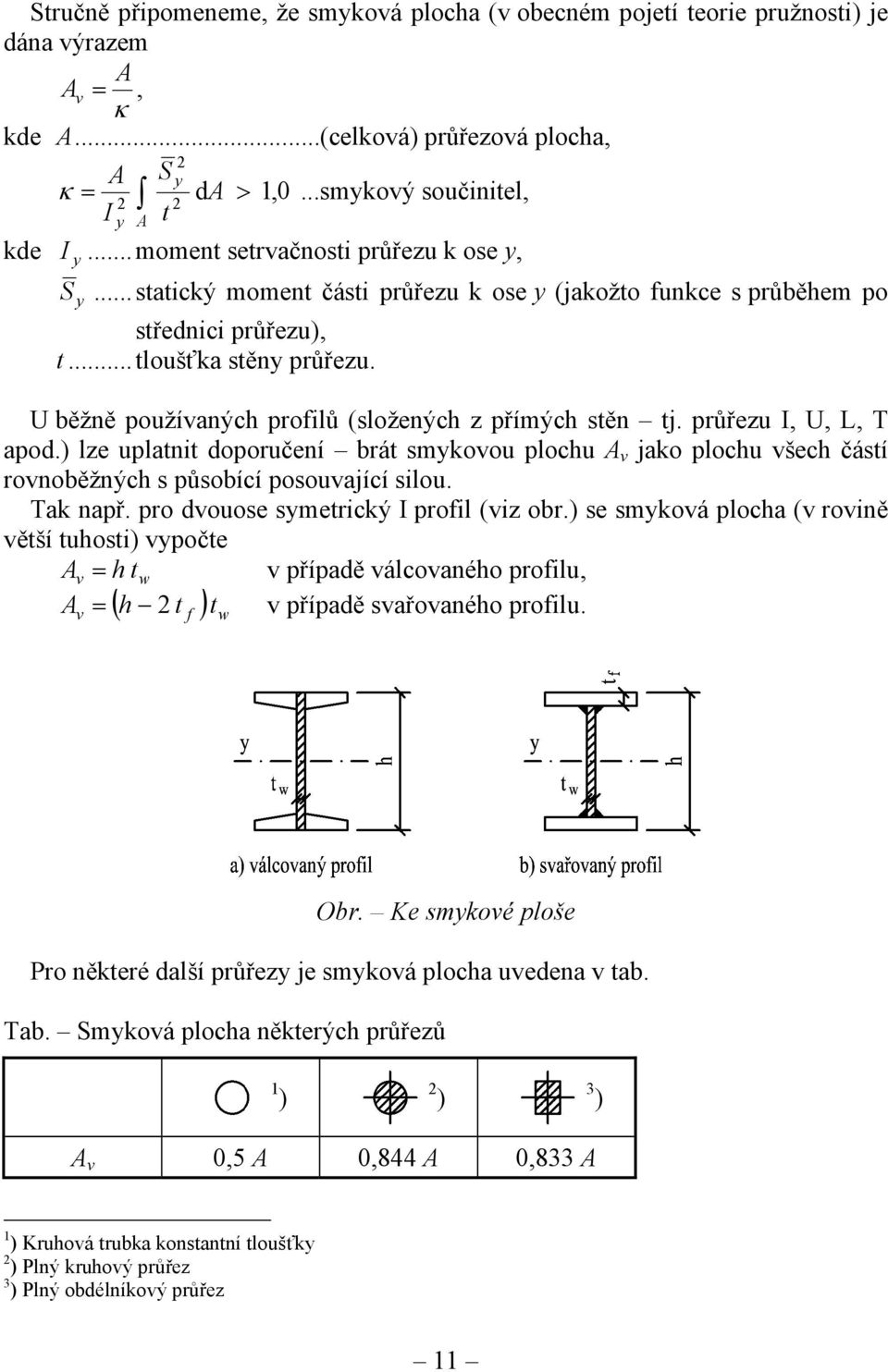 U běžně používaných profilů (složených z přímých stěn tj. průřezu I, U, L, T apod.) lze uplatnit doporučení brát smykovou plochu A v jako plochu všech částí rovnoběžných s působící posouvající silou.