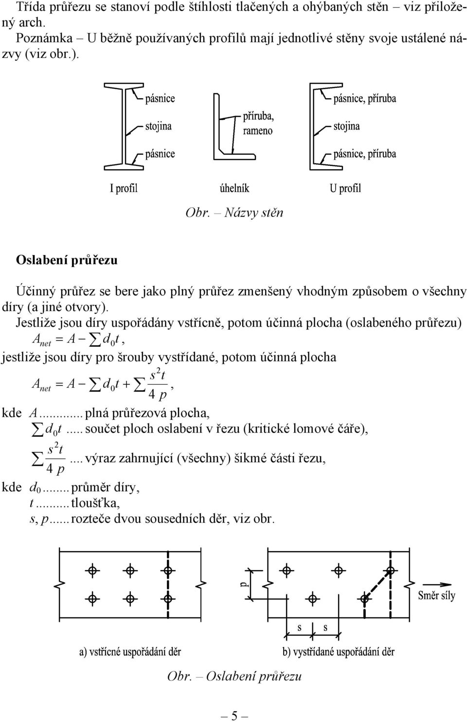 Jestliže jsou díry uspořádány vstřícně, potom účinná plocha (oslabeného průřezu) A net = A d 0 t, jestliže jsou díry pro šrouby vystřídané, potom účinná plocha s t A net = A d0 t +, 4 p