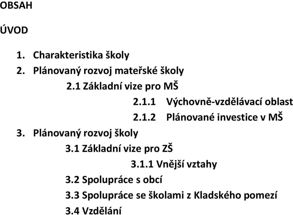 Plánovaný rozvoj školy 3.1 Základní vize pro ZŠ 3.1.1 Vnější vztahy 3.