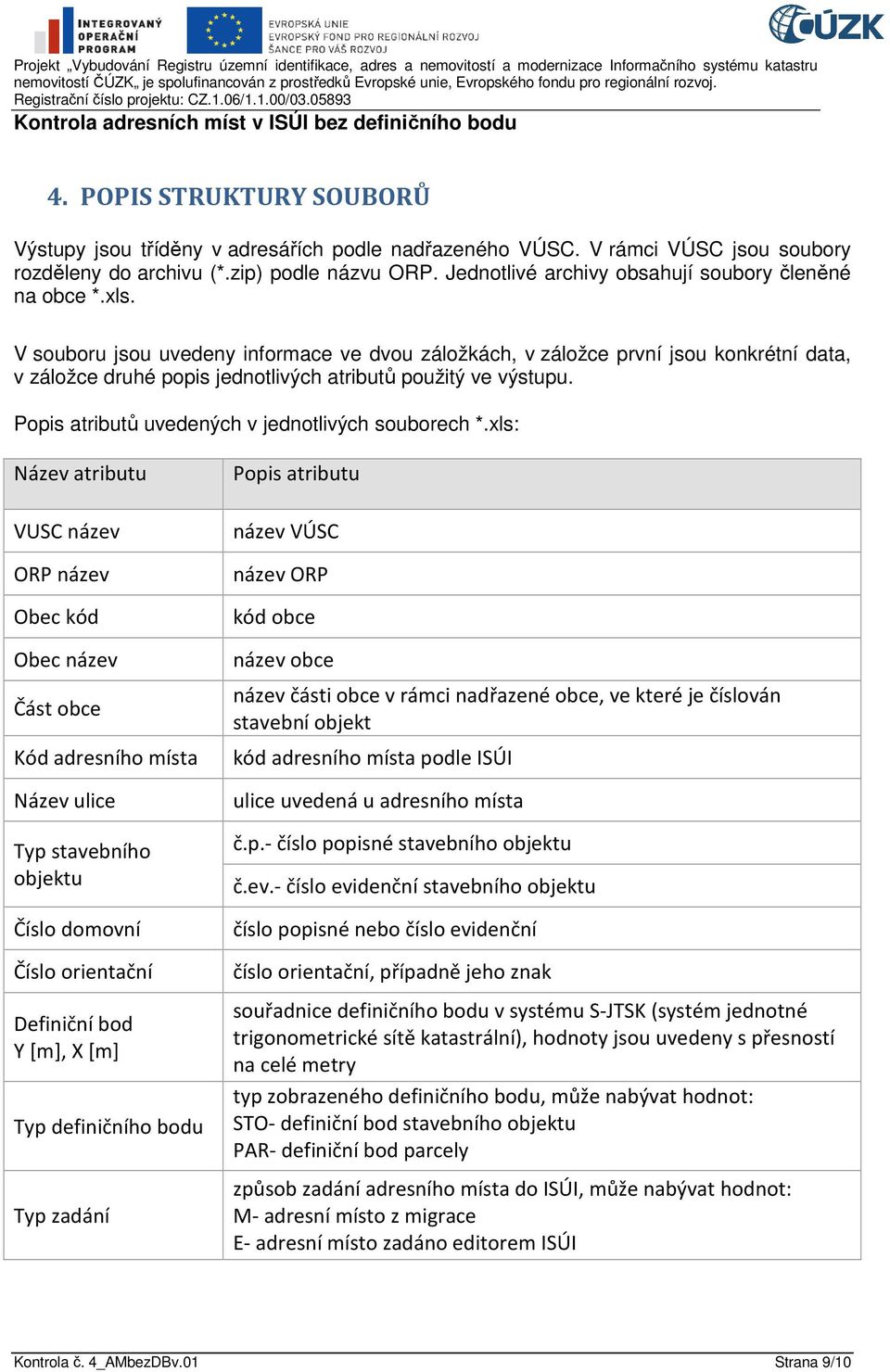 V souboru jsou uvedeny informace ve dvou záložkách, v záložce první jsou konkrétní data, v záložce druhé popis jednotlivých atributů použitý ve výstupu.