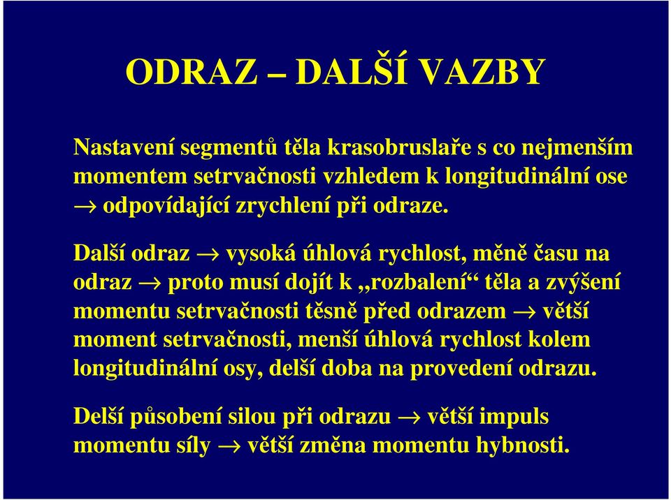 Další odraz vysoká úhlová rychlost, měně času na odraz proto musí dojít k rozbalení těla a zvýšení momentu setrvačnosti