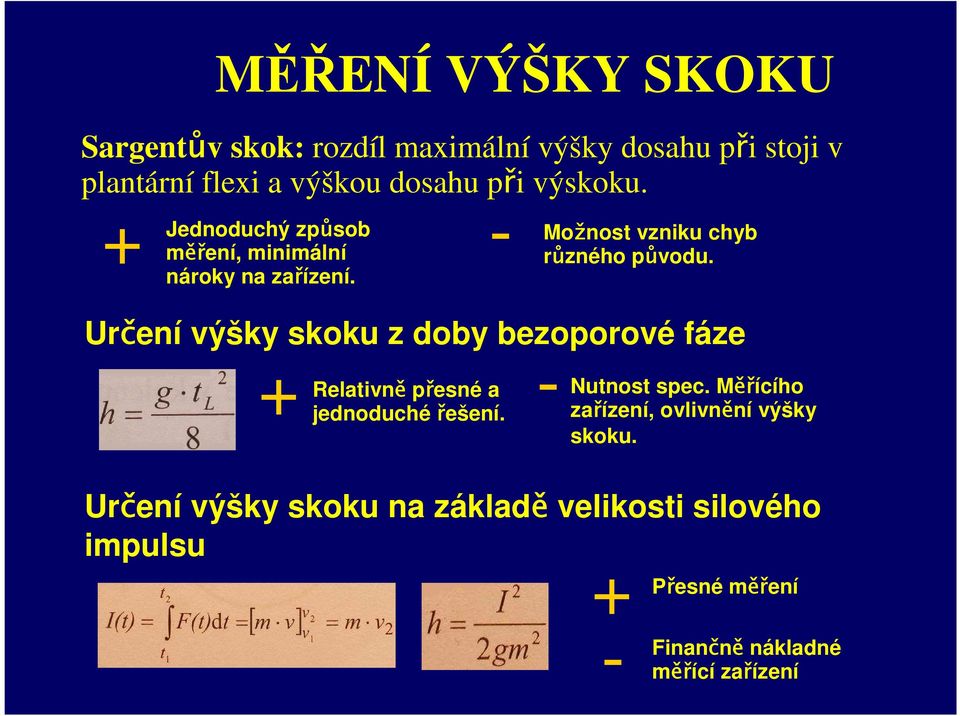 Určení výšky skoku z doby bezoporové fáze + - Relativně přesné a jednoduché řešení. Nutnost spec.