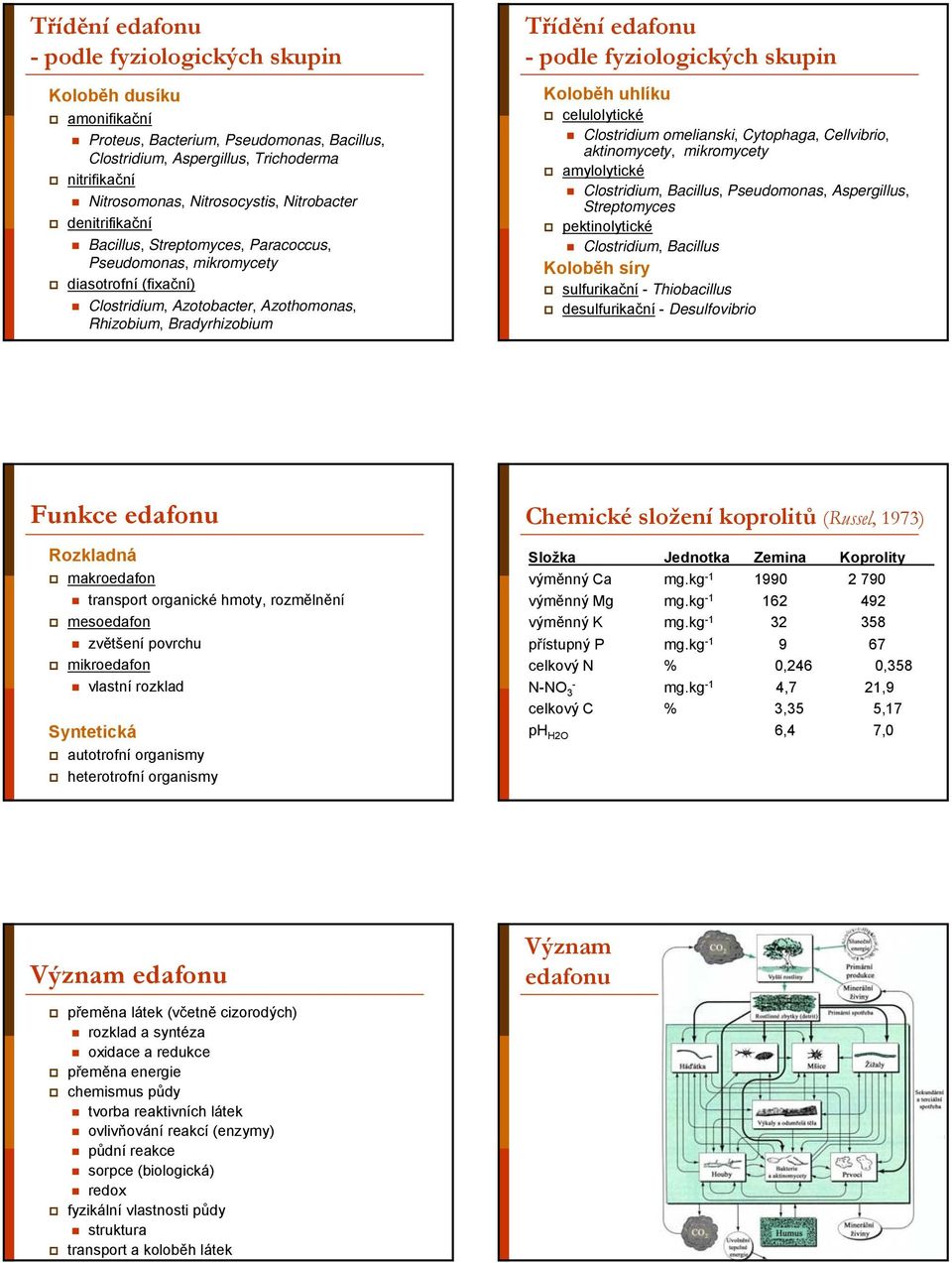 fyziologických skupin Koloběh uhlíku celulolytické Clostridium omelianski, Cytophaga, Cellvibrio, aktinomycety, mikromycety amylolytické Clostridium, Bacillus, Pseudomonas, Aspergillus, Streptomyces