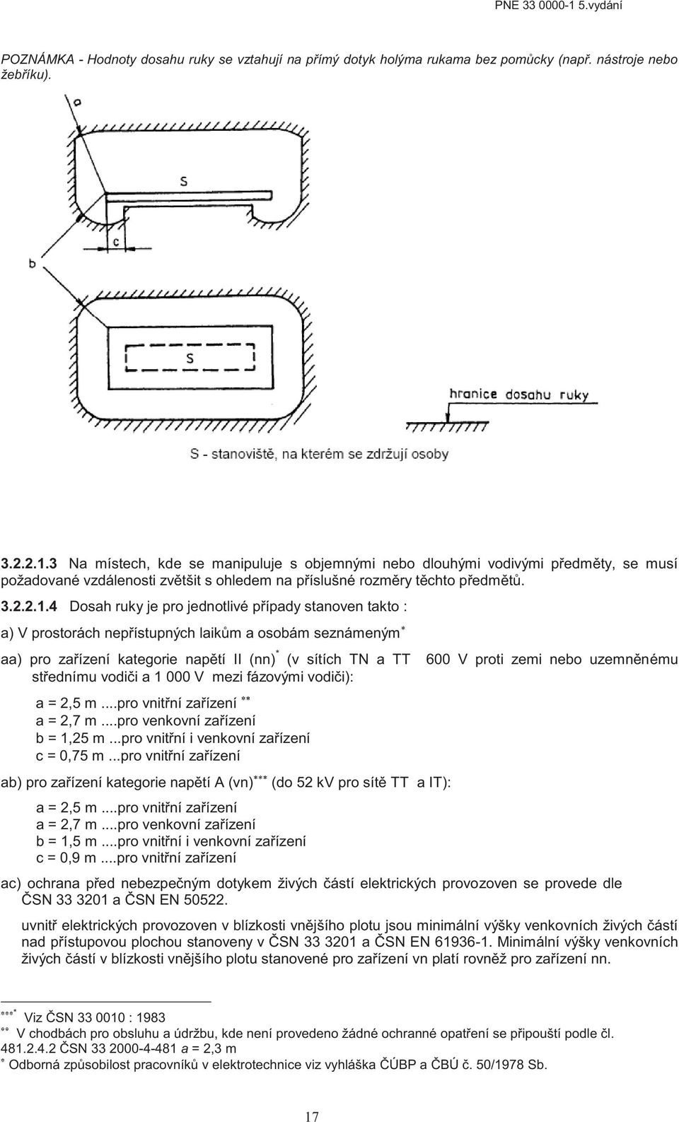 4 Dosah ruky je pro jednotlivé případy stanoven takto : a) V prostorách nepřístupných laikům a osobám seznámeným aa) pro zařízení kategorie napětí II (nn) * (v sítích TN a TT 600 V proti zemi nebo