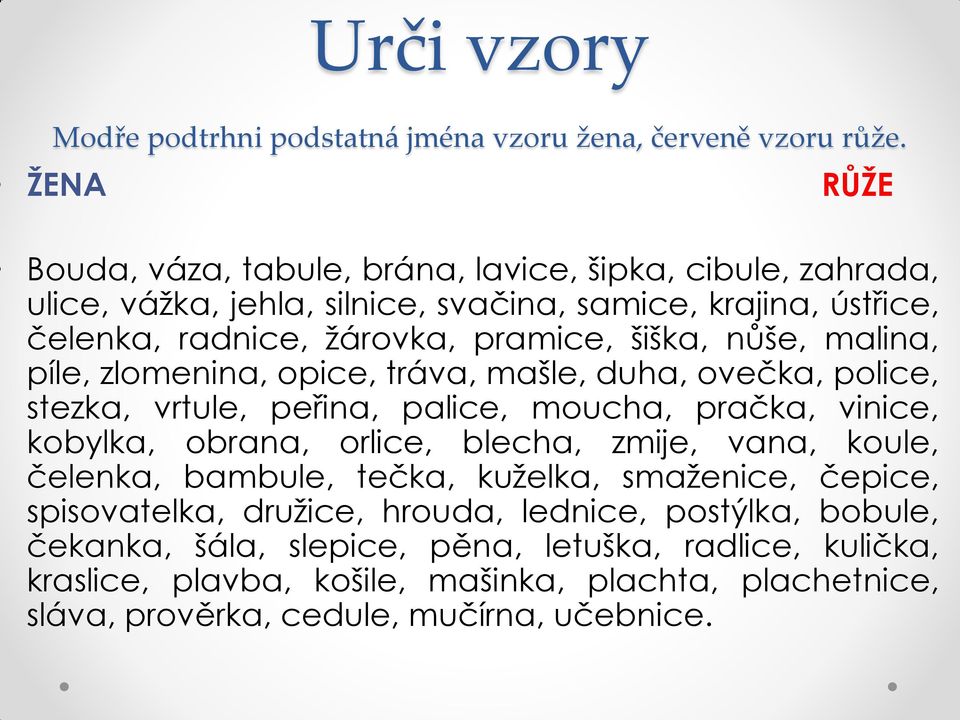 šiška, nůše, malina, píle, zlomenina, opice, tráva, mašle, duha, ovečka, police, stezka, vrtule, peřina, palice, moucha, pračka, vinice, kobylka, obrana, orlice, blecha,