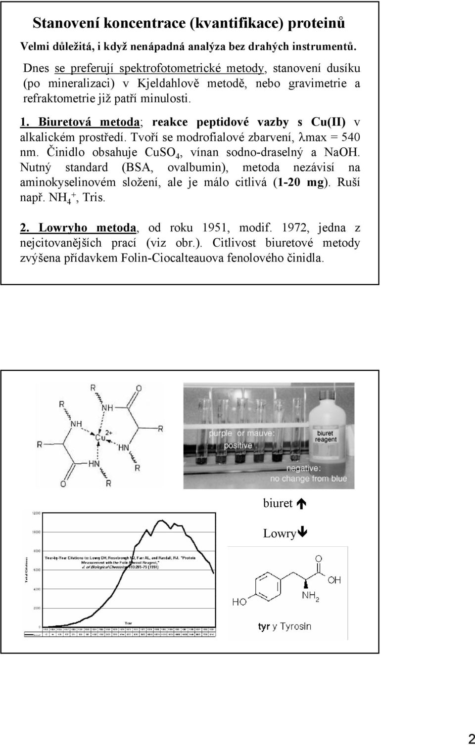 Biuretová metoda; reakce peptidové vazby s Cu(II) v alkalickém prostředí. Tvoří se modrofialové zbarvení, λmax = 540 nm. Činidlo obsahuje CuSO 4, vínan sodno-draselný a NaOH.