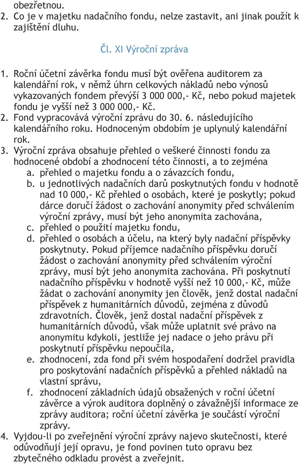 000 000,- Kč. 2. Fond vypracovává výroční zprávu do 30. 6. následujícího kalendářního roku. Hodnoceným obdobím je uplynulý kalendářní rok. 3. Výroční zpráva obsahuje přehled o veškeré činnosti fondu za hodnocené období a zhodnocení této činnosti, a to zejména a.