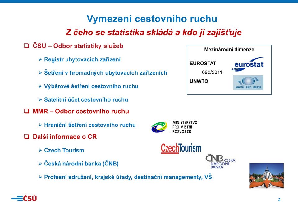 dimenze EUROSTAT 692/2011 UNWTO Satelitní účet cestovního ruchu MMR Odbor cestovního ruchu Hraniční šetření