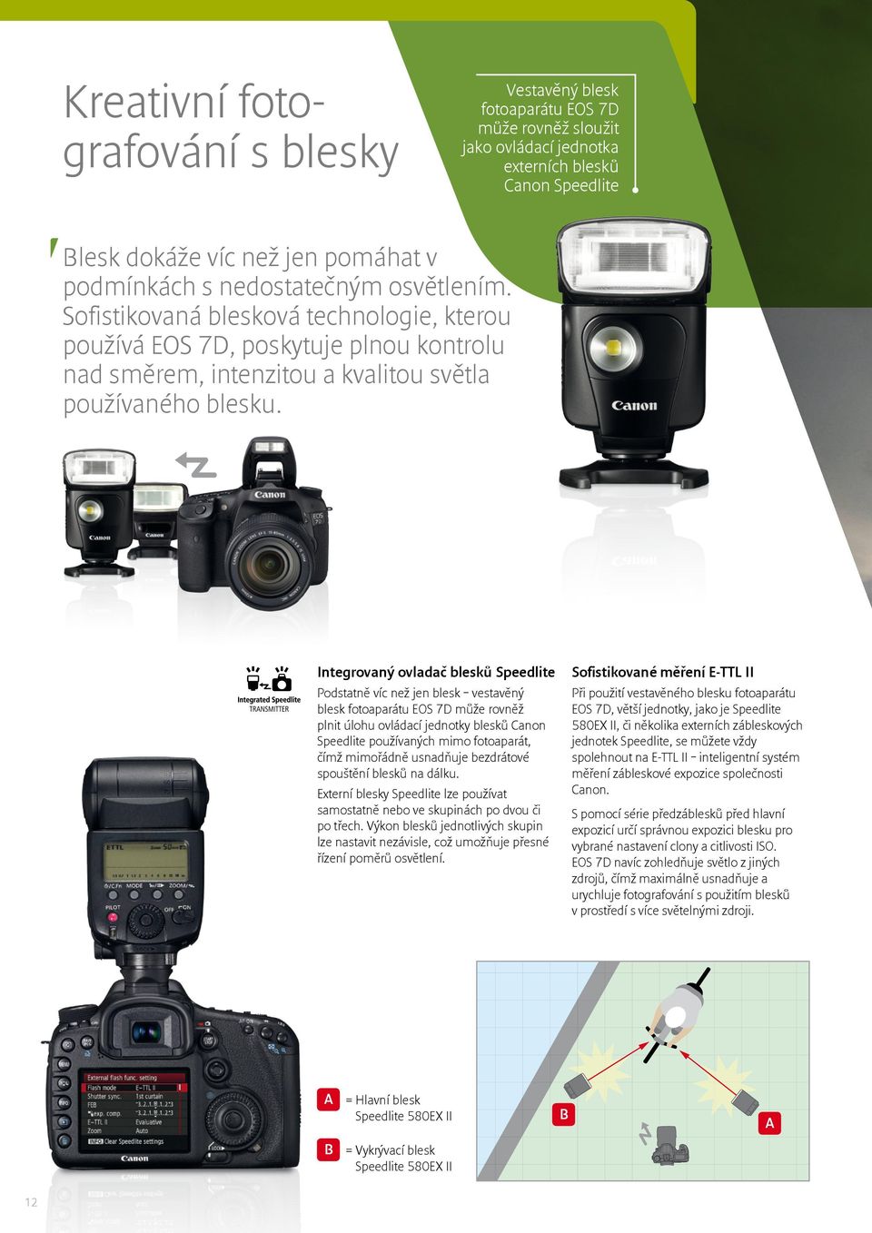 Integrovaný ovladač blesků Speedlite Podstatně víc než jen blesk vestavěný blesk fotoaparátu EOS 7D může rovněž plnit úlohu ovládací jednotky blesků Canon Speedlite používaných mimo fotoaparát, čímž