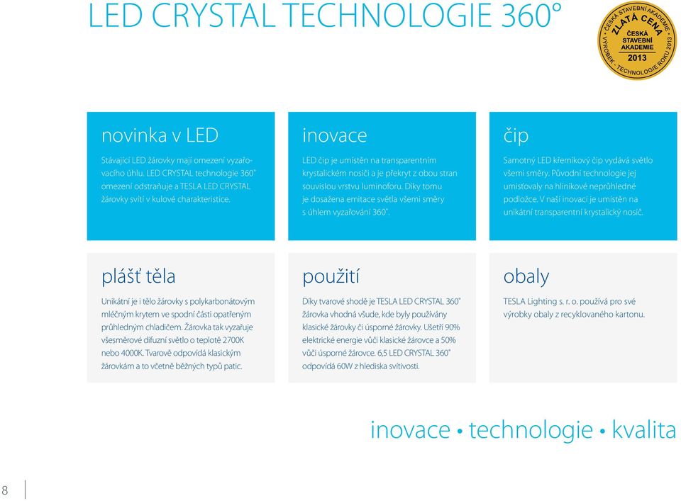 inovace LED čip je umístěn na transparentním krystalickém nosiči a je překryt z obou stran souvislou vrstvu luminoforu. Díky tomu je dosažena emitace světla všemi směry s úhlem vyzařování 360.