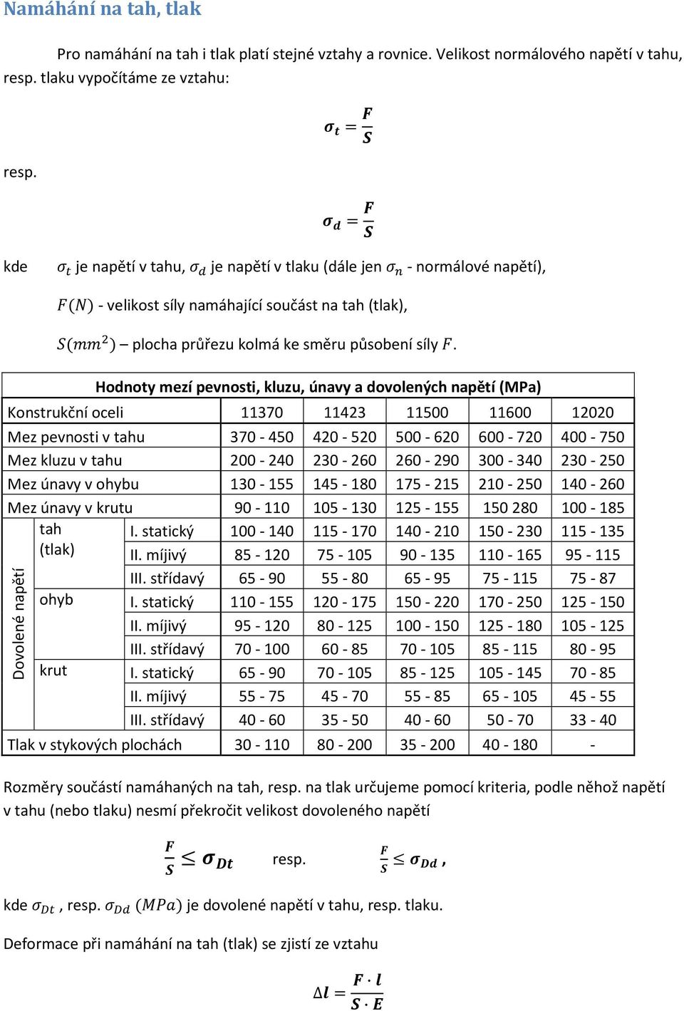 Hodnoty mezí pevnosti, kluzu, únavy a dovolených napětí (MPa) Konstrukční oceli 11370 11423 11500 11600 12020 Mez pevnosti v tahu 370-450 420-520 500-620 600-720 400-750 Mez kluzu v tahu 200-240