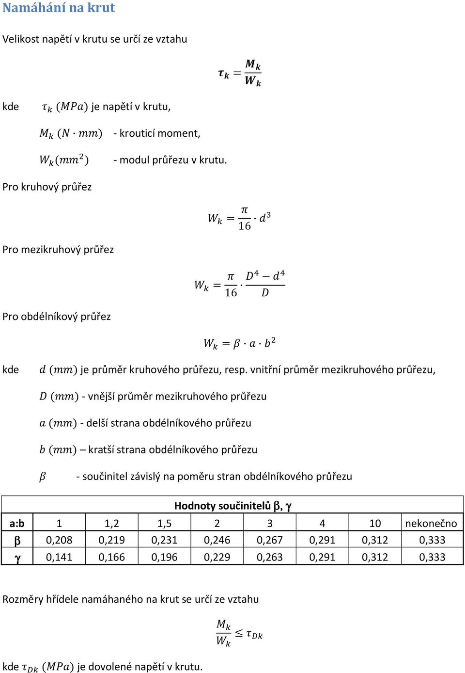 vnitřní průměr mezikruhového průřezu, - vnější průměr mezikruhového průřezu - delší strana obdélníkového průřezu kratší strana obdélníkového průřezu - součinitel