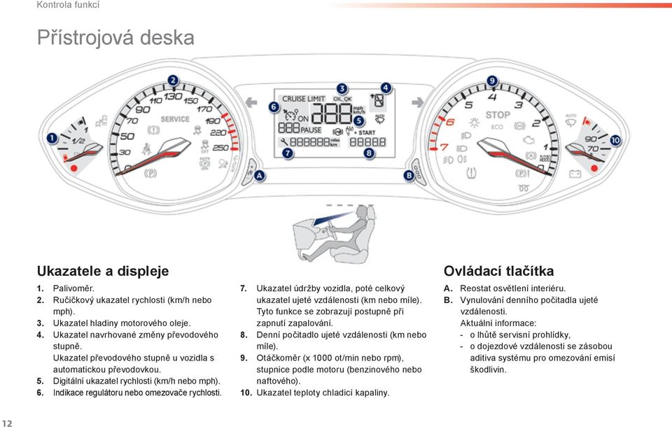 Indikace regulátoru nebo omezovače rychlosti. 7. Ukazatel údržby vozidla, poté celkový ukazatel ujeté vzdálenosti (km nebo míle). Tyto funkce se zobrazují postupně při zapnutí zapalování. 8.