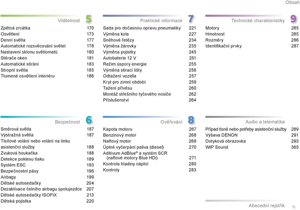 energie 255 Výměna stírací lišty 256 Odtažení vozidla 257 Kryt pro zimní období 259 Tažení přívěsu 260 Montáž střešního tyčového nosiče 262 Příslušenství 264 Technické charakteristiky Motory 285