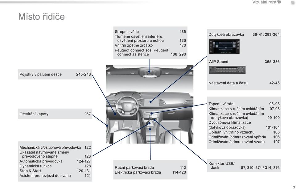 Sound 365-386 Pojistky v palubní desce 245-248 Nastavení data a času 42-45 Otevírání kapoty 267 Mechanická 5/6stupňová převodovka 122 Ukazatel navrhované změny převodového stupně 123 Automatická