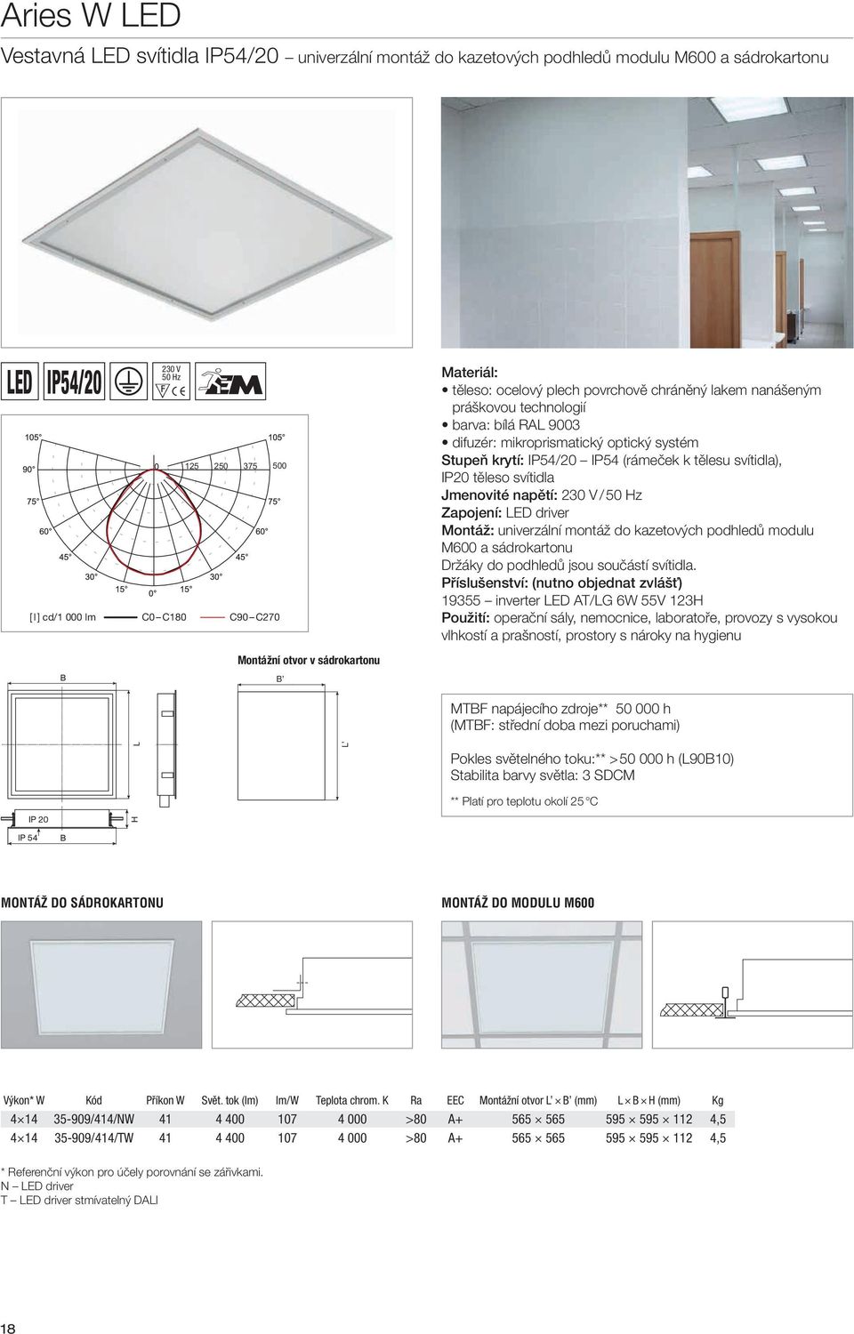 IP54 (rámeček k tělesu svítidla), IP20 těleso svítidla Jmenovité napětí: 230 V /50 Hz Zapojení: LED driver Montáž: univerzální montáž do kazetových podhledů modulu M600 a sádrokartonu Držáky do