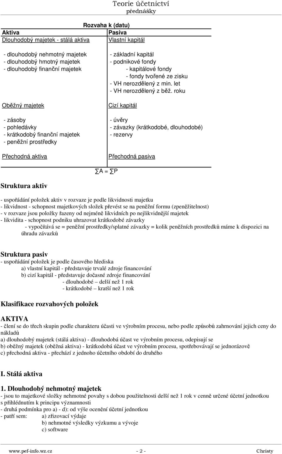 roku Oběžný majetek Cizí kapitál - zásoby - úvěry - pohledávky - závazky (krátkodobé, dlouhodobé) - krátkodobý finanční majetek - rezervy - peněžní prostředky Přechodná aktiva Přechodná pasiva A = P