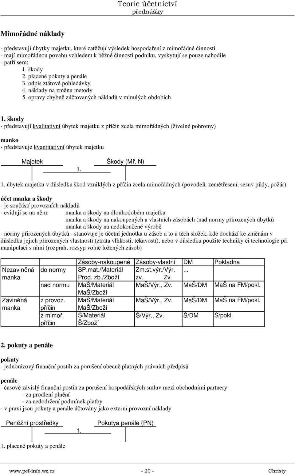 opravy chybně zúčtovaných nákladů v minulých obdobích škody - představují kvalitativní úbytek majetku z příčin zcela mimořádných (živelné pohromy) manko - představuje kvantitativní úbytek majetku