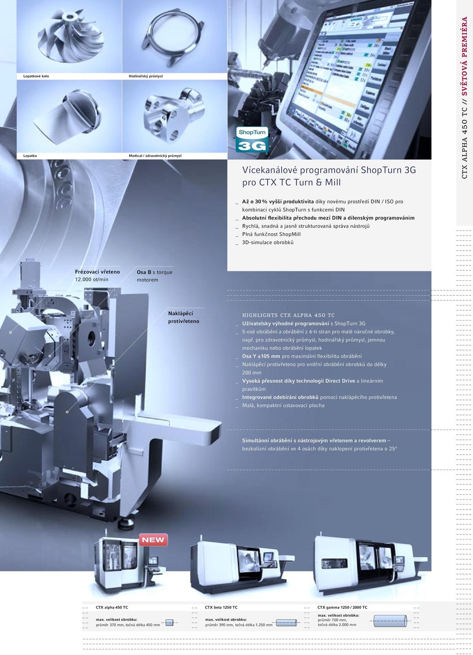 velikost obrobku: průměr 370 mm, točná délka 450 mm Naklápěcí protivřeteno CTX beta 1250 TC Až o 30 % vyšší produktivita díky novému prostředí DIN / ISO pro kombinaci cyklů ShopTurn s funkcemi DIN