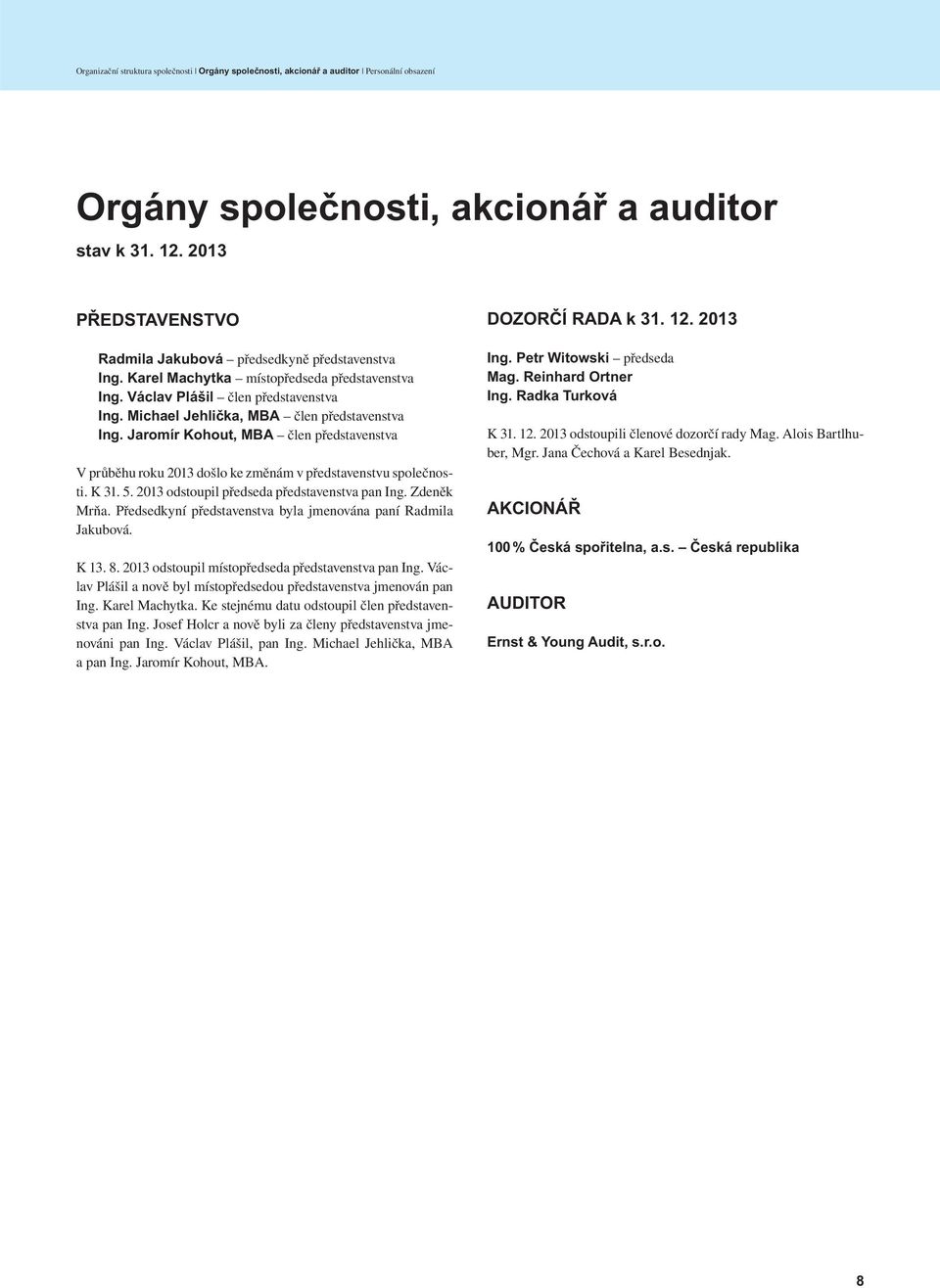 Jaromír Kohout, MBA člen představenstva V průběhu roku 2013 došlo ke změnám v představenstvu společnosti. K 31. 5. 2013 odstoupil předseda představenstva pan Ing. Zdeněk Mrňa.