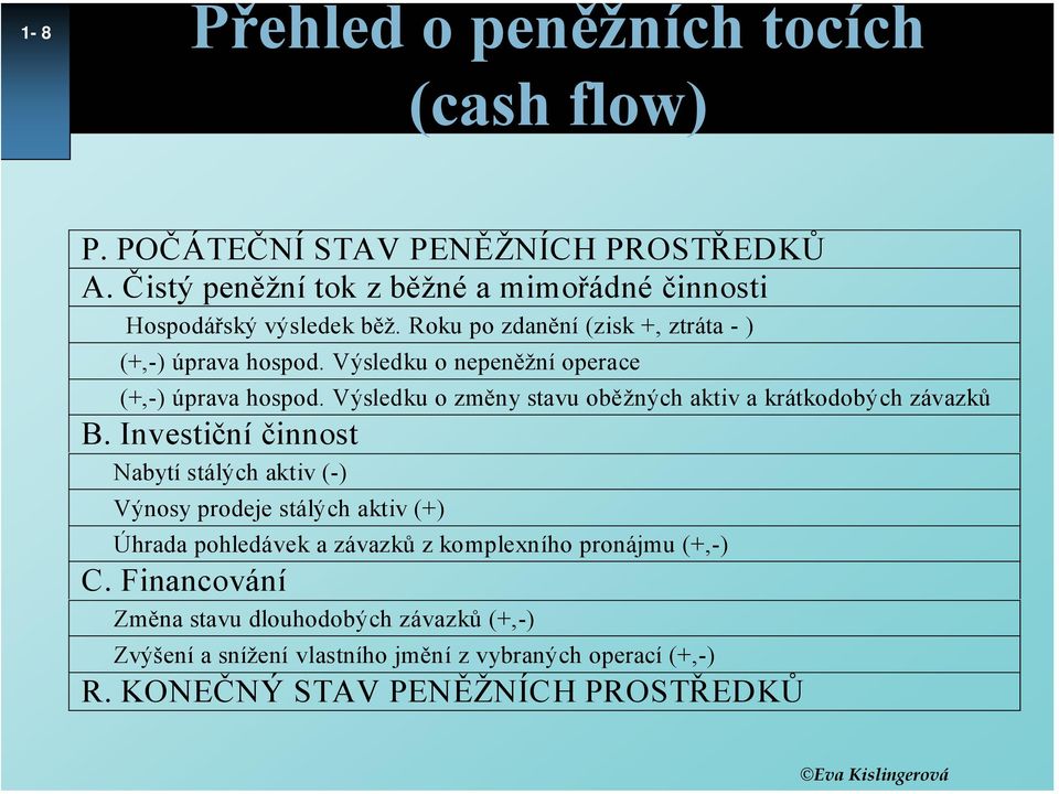 Výsledku o nepeněžní operace (+,-) úprava hospod. Výsledku o změny stavu oběžných aktiv a krátkodobých závazků B.
