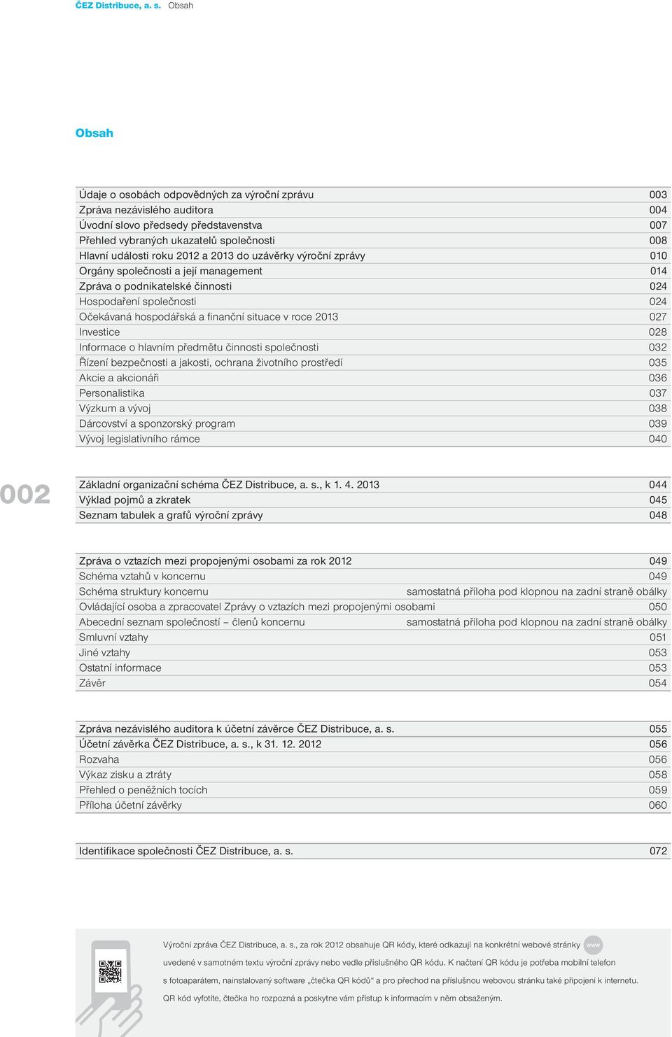 2012 a 2013 do uzávěrky výroční zprávy 010 Orgány společnosti a její management 014 Zpráva o podnikatelské činnosti 024 Hospodaření společnosti 024 Očekávaná hospodářská a finanční situace v roce
