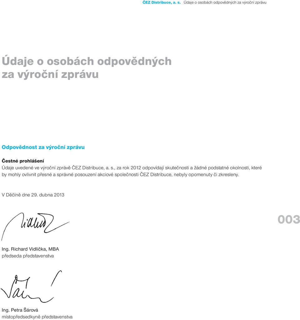 prohlášení Údaje uvedené ve výroční zprávě , za rok 2012 odpovídají skutečnosti a žádné podstatné okolnosti, které by mohly ovlivnit