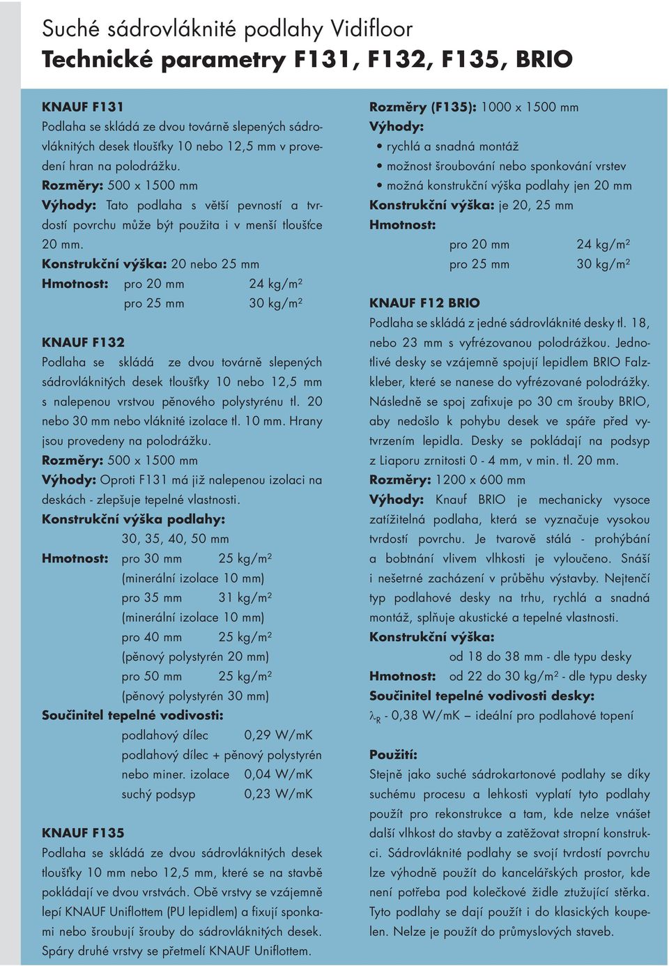 Konstrukční výška: 20 nebo 25 mm Hmotnost: pro 20 mm 24 kg/m² pro 25 mm 30 kg/m² KNAUF F132 Podlaha se skládá ze dvou továrně slepených sádrovláknitých desek tloušťky 10 nebo 12,5 mm s nalepenou