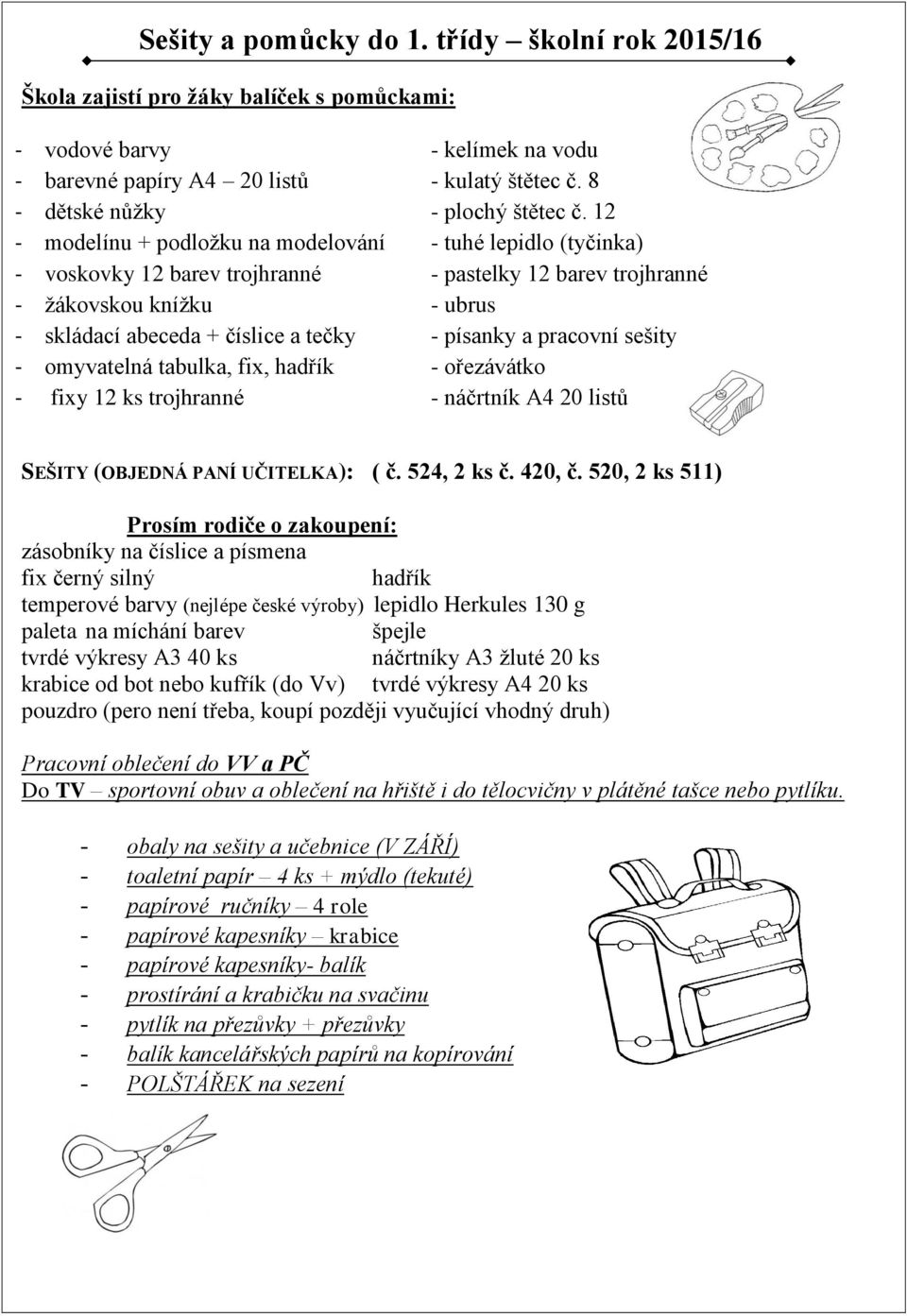 12 - modelínu + podložku na modelování - tuhé lepidlo (tyčinka) - 12 barev trojhranné - 12 barev trojhranné - žákovskou knížku - ubrus - skládací abeceda + číslice a tečky - písanky a pracovní sešity