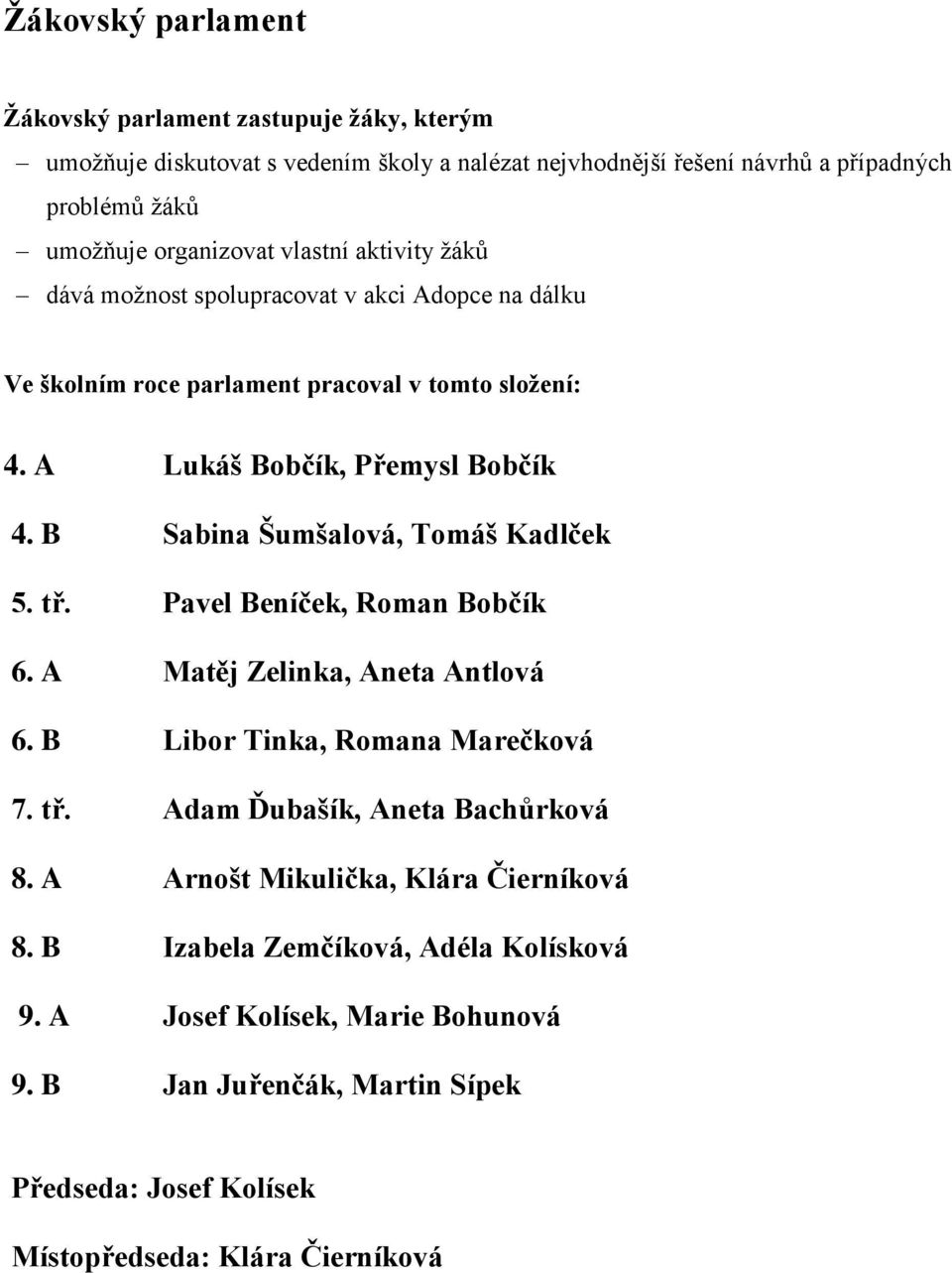B Sabina Šumšalová, Tomáš Kadlček 5. tř. Pavel Beníček, Roman Bobčík 6. A Matěj Zelinka, Aneta Antlová 6. B Libor Tinka, Romana Marečková 7. tř. Adam Ďubašík, Aneta Bachůrková 8.
