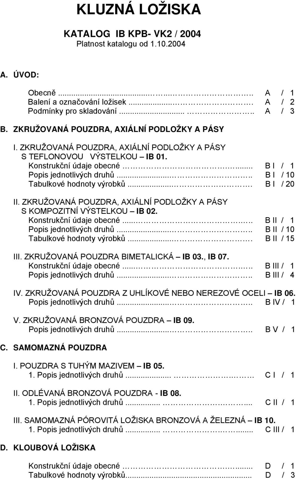 .... B I / 10 Tabulkové hodnoty výrobků.... B I / 20 II. ZKRUŽOVANÁ POUZDRA, AXIÁLNÍ PODLOŽKY A PÁSY S KOMPOZITNÍ VÝSTELKOU IB 02. Konstrukční údaje obecné...... B II / 1 Popis jednotlivých druhů.